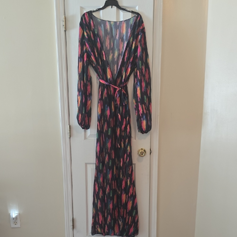 Sheer Black Multi-Color Long Sleeve Maxi Dress